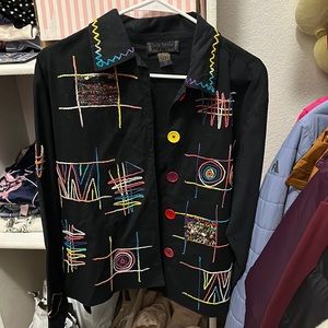 Black thin denim jacket with abstract embroidery